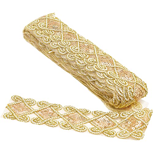 GORGECRAFT 10 Yard Pailletten Spitze Mesh Trim 2-1/2 Zoll Breites Spitzenband Perlenapplikation Für Kostüm Kleider Vorhang Tischläufer Herstellung Dekorationsbedarf DIY Nähen Verzierung Gold von GORGECRAFT