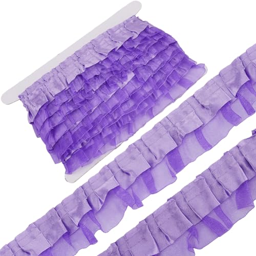 GORGECRAFT 10 m 2-Lagiger Satin-Organza-Spitzenrandbesatz Plissiertes Rüschen-Chiffonband Geraffte Kantenbesätze Stoff Zum Nähen von Stoffkleidern Bestickte Applikationen Hochzeits Dekoration Violett von GORGECRAFT