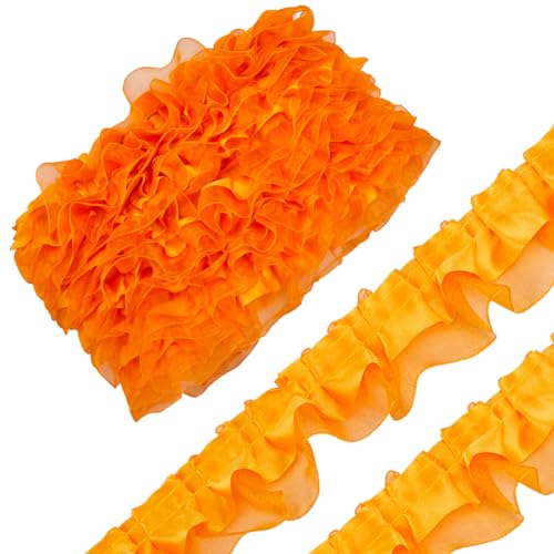 GORGECRAFT 10 m 2-Lagiger Satin-Organza-Spitzenrandbesatz Plissiertes Rüschen-Chiffonband Geraffte Kantenbesätze Stoff Zum Nähen von Stoffkleidern Bestickte Applikationen Hochzeits Partydekor Orange von GORGECRAFT