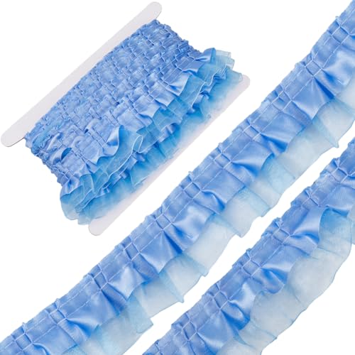 GORGECRAFT 10 m 2-Lagiger Satin-Organza-Spitzenrandbesatz Plissiertes Rüschen-Chiffonband Geraffte Kantenbesätze Stoff Zum Nähen von Stoffkleidern Bestickte Applikationen Hochzeits Partydekor Blau von GORGECRAFT