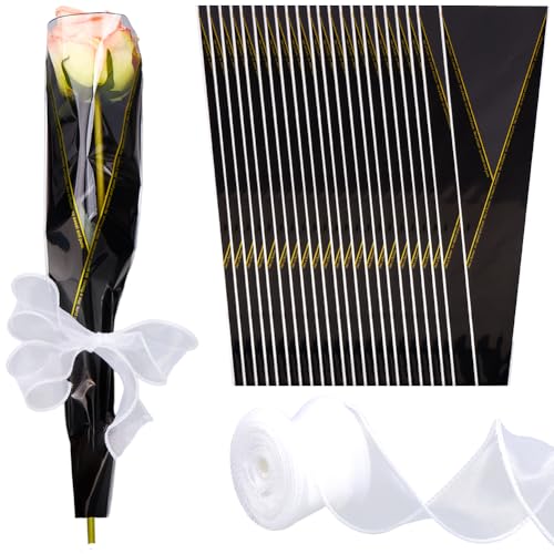 GORGECRAFT 100 Stück Schwarze Blumenhülle Aus Kunststoff Für Einzelne Blumenrosen Nelkenstraußhüllen Geschenkpapier Mit 9 m Polyester Netzband Für Valentinstag Hochzeit Geburtstagsfeier von GORGECRAFT