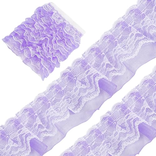 GORGECRAFT 10m 2-Lagiges Plissiertes Chiffon-Spitzenband Violett Gerafftes Voile-Netz Organza-Tüllstoff Rüschenkante Spitzenbesatz Zum Nähen Basteln Hochzeitskleid Partyzubehör Handgefertigt DIY von GORGECRAFT