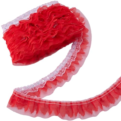 GORGECRAFT 10m 50mm Breit Mehrlagig Plissierter Chiffon-Spitzenbesatz Roter Gerüschter Tüllbesatz Mit Pailletten Floral Bestickt Geraffte Kantenbesätze Stoffband Für DIY Nähen Basteln Kostüm Anziehen von GORGECRAFT