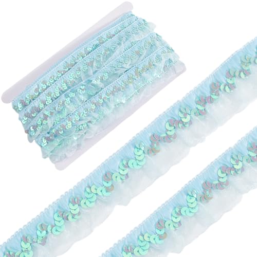 GORGECRAFT 11 m Elastisches Organza Stoffband Mit Pailletten Plissierte Chiffon Spitzenkantenbesatz 3cm Tief Himmelblau Gerafftes Rüschennetz Dehnbarer Fransenbesatz Zum Nähen von Geschenkpaketen Ges von GORGECRAFT