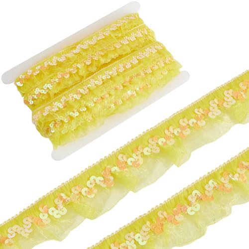 GORGECRAFT 11 m Gelber Chiffon Spitzenrandbesatz Mit Pailletten Geraffte Rüschen Elastisches Organza Stoffband 3cm Plissiertes Netz Dehnbarer Fransenbesatz Für Stoffhandwerk Nähen Bestickte Dekoration von GORGECRAFT