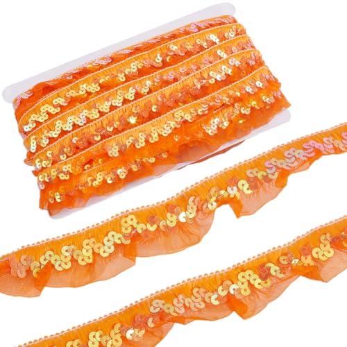 GORGECRAFT 11 m Orangefarbenes Organza Stoffband Mit Pailletten 3cm Gerafftes Rüschennetz Dehnbarer Fransenbesatz Plissierter Elastischer Chiffon Spitzenrandbesatz Zum Nähen von Geschenkpaketen Verpa von GORGECRAFT