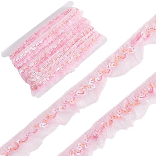 GORGECRAFT 11 m Rosa Plissierter Chiffon Spitzenrandbesatz Pailletten Elastisches Organza Stoffband 3cm Gerafftes Rüschennetz Dehnbarer Fransenbesatz Zum Nähen von Geschenkpaketen Verpackungstüchern von GORGECRAFT