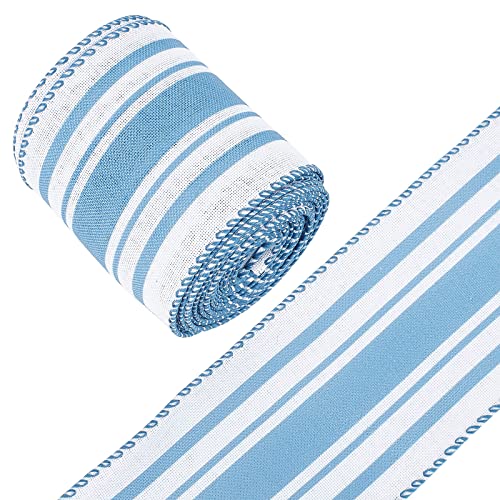 GORGECRAFT 12 Yard Blau Weiß Gestreiftes Band Wired Ribbon 2-1/2 Zoll Blue Jute Ribbon Ivory Stripe Edge Blue Wired Christmas Ribbon Für Kranz Girlande Bow Making DIY Crafting Rustic Party Decor von GORGECRAFT