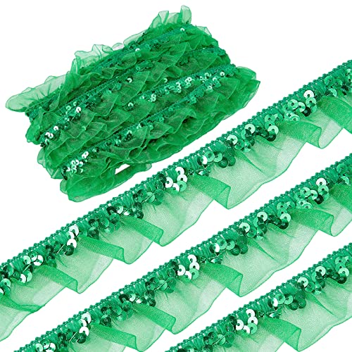 GORGECRAFT 12m Lindgrün Satin Organza Pailletten Spitze Gerafftes Mesh Stretch Spitzenstoff Borte 3cm Rüschen Elastische Fransenapplikationen Blumenmuster Nähen Geschenkverpackungen Handwerk von GORGECRAFT