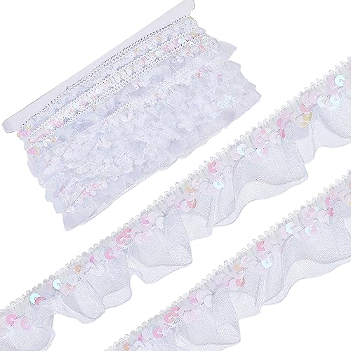 GORGECRAFT 12m Satin-Organza-Spitze Plissierter Stoffbesatz Paillettenband Mit Elastischem Rand Gerafftes Netz Dehnbar Gerüschte Blumenfransen-Applikation Zum Nähen Geschenkpaket Verpacken Kleid von GORGECRAFT