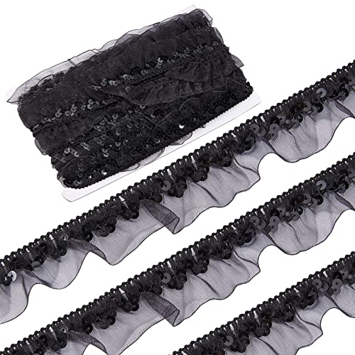 GORGECRAFT 12m Schwarzes Plissee-Band Satin Organza Spitzenstoff Paillettenband Elastisches Blumenmuster 3cm Chiffon Dehnbare Applikation Zum Nähen Geschenkverpackungen Basteln Verzierungen von GORGECRAFT