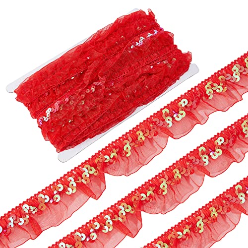 GORGECRAFT 12mx30mm Satin Organza Rot Plissee Borte Spitze Geraffter Mesh-Stoff Stretch Rüschenband 1-1/8" Elastische Kanten Faserkantenbesätze Für Stoffe Näharbeiten Basteln Bestickte Applikationen von GORGECRAFT