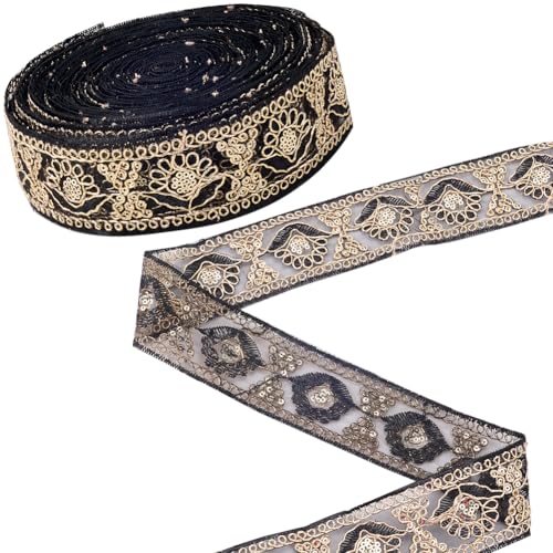 GORGECRAFT 13,7 m x 5 cm schwarze Pailletten Nähborte Metallic Venedig Spitze Mesh Trim Applikation Bastelbedarf Vintage Häkelblume Stickerei Spitzenband für Vorhang Tischdecke Brautdekor von GORGECRAFT