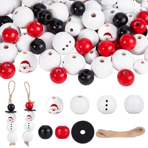 GORGECRAFT 140St Weihnachten Holzperlen Set Schneemann Holzperlen Weiß Schwarz Rot Runde Scheibe Bastelperlen Mit Hanfseil Für DIY Basteln Schmuck Girlanden Erntedankfest Weihnachten Hängeverzierung von GORGECRAFT