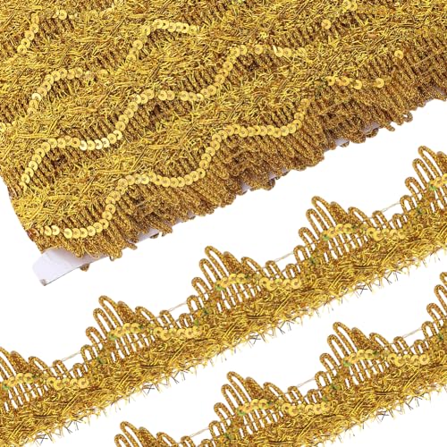 GORGECRAFT 15 Yard Gold-Metallic-Pailletten-Spitzenbesatz Verzierte Applikation Gimpenbesatz Bastelband Flechtstoff Glitzer Bling Nähen Bestickte Spitzenkantenbesätze Für Kleidung Vorhangdekoration von GORGECRAFT