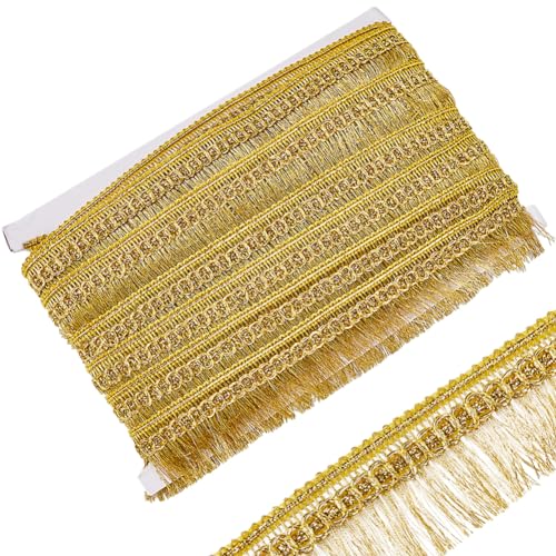 GORGECRAFT 15 Yards Goldene Fransenquastenbesatz 32mm Breit Metallisches Spitzenbesatzband Mit Quaste Glitzernder Geflochtener Randbesatz Für Heimwerker Nähen Kleidung Vorhänge Tischdecken Röcke von GORGECRAFT