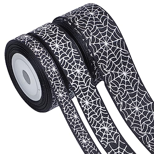 GORGECRAFT 15 Yards Halloween-Band Mit Drahtrand 9/16/25 mm Breit Spinnennetz-Spitzenband Schwarz Bedrucktes Polyester-Ripsband Gestreifte Bänder Für Kranz Kostüm-Dekoration Heimwerkerarbeiten von GORGECRAFT