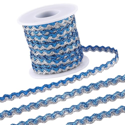 GORGECRAFT 15m X 5mm Rick-Rack-Besatz Zweifarbig Gewelltes Band Glitzernde Biegbare Fransenbesatz Blaues Splitter-Metallic-Drahtgeflecht Wellenkanten-Spitze Gewebtes Gurtband Fransen Für DIY-Handwerk von GORGECRAFT