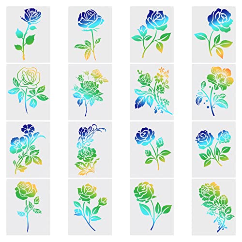 GORGECRAFT 16 Stile 7.8 x 5.8 Rosen-Schablonen Blumen-Zeichnungsschablone Große Blumen-Malschablonen Wiederverwendbare Kunststoff-Kunstvorlagen Blumen DIY-Bastelschablone Zum Malen Auf Wand Leinwand von GORGECRAFT