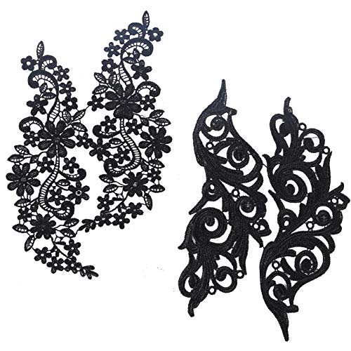 GORGECRAFT 2 Paar Spitzenapplikation Blumenstickerei Patch Schwarze Spitzenborte Kragen Für DIY Dekorierte Craft Nähkostüm (9.84x5.70", 11.41x5.11") von GORGECRAFT