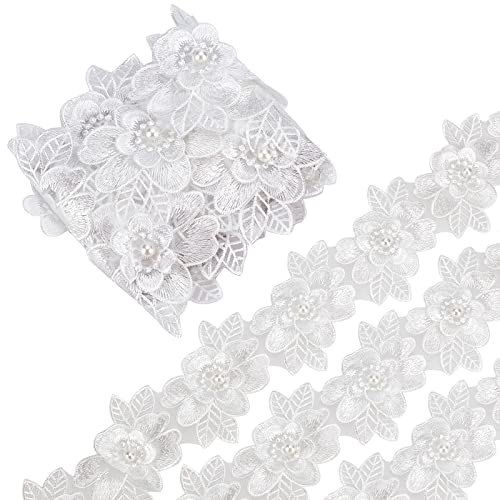 GORGECRAFT 2 Yard 3D-Polyester-Spitzenband Blumen-Spitzenband Perlen Kanten Besatz Bestickter Applikationsstoff Vintage-Nähhandwerk Für Hochzeitskleid Verschönerung DIY-Kleid-Dekoration(Weiß) von GORGECRAFT