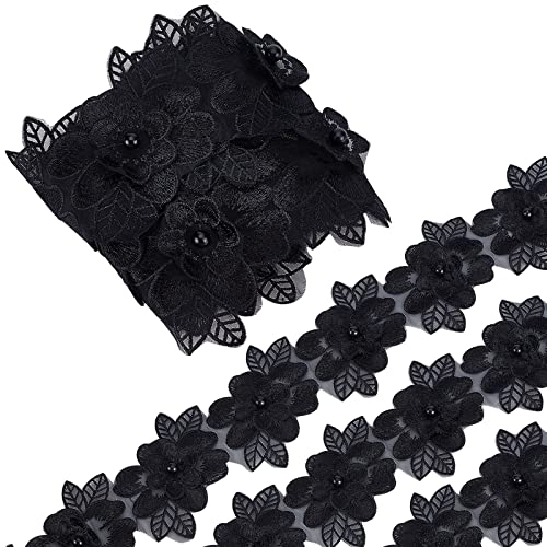 GORGECRAFT 2 Yard 3D-Polyester-Spitzenband Mit Blumen-Spitze Perlen Kanten Besatz Bestickter Applikationsstoff Vintage-Nähhandwerk Für Hochzeitskleid Verschönerung DIY-Kleiderdekoration (Schwarz) von GORGECRAFT