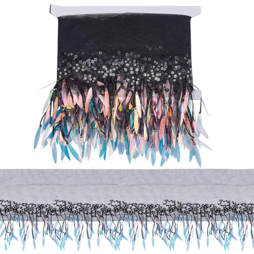 GORGECRAFT 2 Yards X 29cm Pailletten Quastenspitze Schwarze Polyester Fransen Glitzernde Perlen Metallische Schlaufen Pailletten Besticktes Band Stoffnetz Pfeilbesatz Zum Nähen von Kleidung DIY von GORGECRAFT