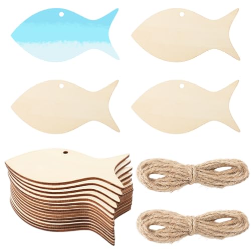 GORGECRAFT 20 Stück 10,2 x 5,3 cm unlackierte Holzscheiben mit Loch, Fischform, Geschenkanhänger mit 2 Stück 2 m Hanfseilen, Holzhandwerk, hängende Ornamente für DIY, Meeresmottoparty, Heimdekoration von GORGECRAFT