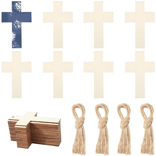 GORGECRAFT 20 Stück unlackierte Holz-Kreuzscheiben mit 20 Hanfseilen, Holzkreuz, Geschenkanhänger mit Loch, hängende Ornamente für Bastelarbeiten, Hochzeiten, Veranstaltungen, Dekoration, 10,9 x 7,1 von GORGECRAFT