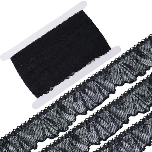 GORGECRAFT 20 Yards Dehnbare Spitzenborte 3.5cm Breit Elastisches Spitzenband Netztüll Geraffte Kante Fransenbesatz Für Heimwerker Nähen Basteln Kleidungsapplikationen Geschenkverpackungen Schwarz von GORGECRAFT