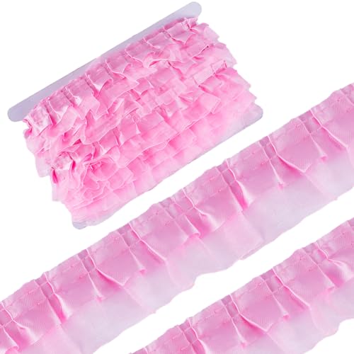 GORGECRAFT 20m 2-Lagiges Organza-Spitzenband Plissierter Satin-Spitzenkantenbesatz 40mm Breit Rosa Rüschen-Chiffon-Kantenbesatz Tüllstoff Für Stoffapplikationen Verzierung DIY Nähen Basteln von GORGECRAFT