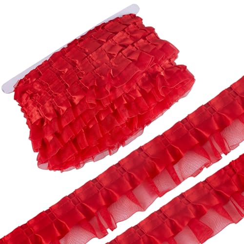 GORGECRAFT 20m 2-Lagiges Organza-Spitzenband Plissierter Satin-Spitzenkantenbesatz 40mm Breit Roter Rüschen-Chiffon-Kantenbesatz Tüllstoff Für Stoffapplikationen Verzierung DIY Nähen Basteln von GORGECRAFT