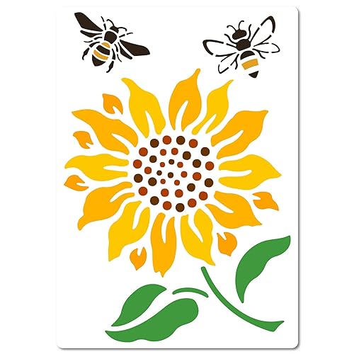 GORGECRAFT 21 x 30cm Schablone Mit Sonnenblumen-Bienen-Thema Kunststoff Zeichnung Kunst Wiederverwendbare Vorlagen-Sets Blumenpflanzen Wiederverwendbare Vorlage Für Wand Boden Möbel Stoff Malerei von GORGECRAFT