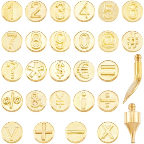 GORGECRAFT 26 Stück Holzbrennspitzen Set Goldenes Messing Kupfer Set Zahlensymbol Lötschablone Lederbrenner Brandmalerei Werkzeug Vorlagen Sets Zum Holzbrennen DIY Prägen Schnitzen DIY Basteln von GORGECRAFT