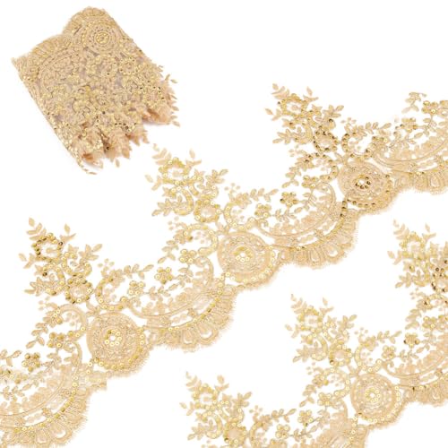 GORGECRAFT 3 Yard 23cm Breite Pailletten-Blumen-Stickerei-Spitzenband Metaillic-Venedig-Kantenbesatz Applikation Nähen Spitzenbesatz Blumenspitze Kronenkante Für Stoff Bestickt Hochzeit (Golden) von GORGECRAFT