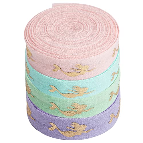 GORGECRAFT 4 Farben 20 Yards Glitzerndes Bedrucktes Elastisches Band Flach Mit Goldener Meerjungfrau Umklappbares Stirnband Elastisches Spandexband Dehnbare Bundrolle Für DIY-Näharbeiten von GORGECRAFT