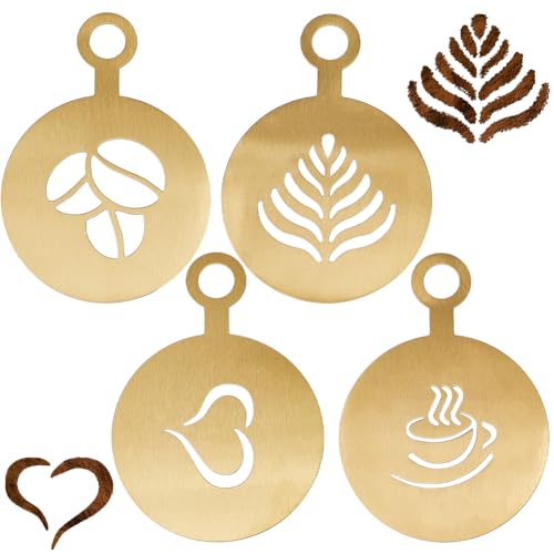 GORGECRAFT 4Stk Kaffeetassen-Schablonen-Vorlage Kaffee-Dekorationsschablonen Goldener Kaffee Latte-Art-Form Flach Rund Mit Blatt-Herz-Tassenmuster Cappuccino-Kunst-Vorlagen Für Tassen Kuchen von GORGECRAFT