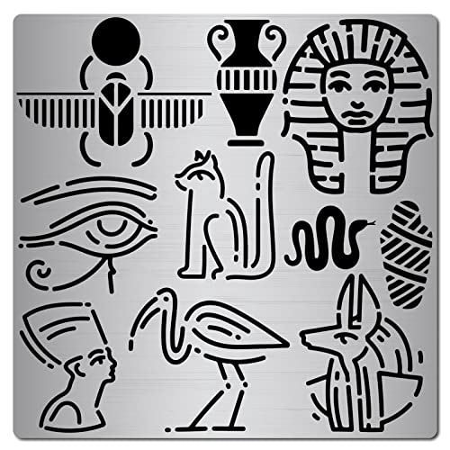 GORGECRAFT 6.3-Zoll-Metall-Ägypten-Thema-Symbol-Schablone Tiermuster Hieroglyphen-Schablonen Edelstahl Wiederverwendbares Schablonen-Journal-Werkzeug Zum Malen von Holzbrennen Brandmalerei-Gravur von GORGECRAFT