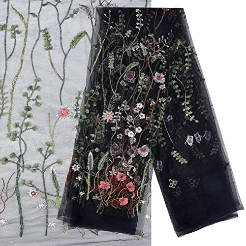 GORGECRAFT 60.24 zoll Breite Floral Bestickter Spitzenstoff Bunte Blumenstickerei Spitzenborte Schwarze Netzapplikationen Für Partykleid Rock Kleidung DIY Nähen Verzierungen Basteln von GORGECRAFT