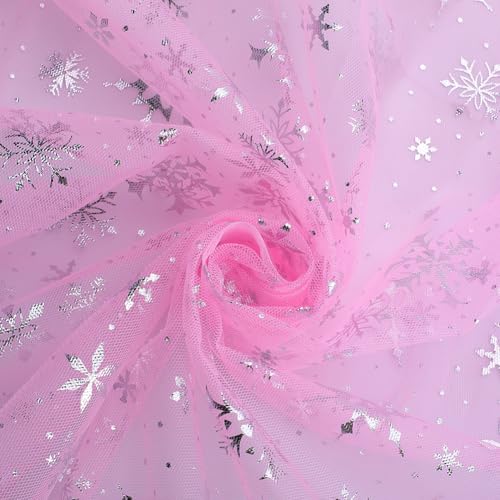 GORGECRAFT 67 Zoll Breiter Organza Stoff Mit Schneeflocken Silberfolie Rosa Rechteckig Durchsichtiges Netz3 Yards Seidig Glänzender Tüll Tischdecken Netzgaze Für Weihnachten Geburtstage von GORGECRAFT