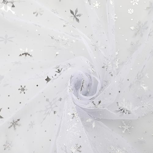 GORGECRAFT 67 Zoll Breiter Weißer Organza Stoff Mit Silberfolie Schneeflocken Weihnachtsmotiv Rechteckige Glänzende Tüll Tischdecke Netzgaze 3 Yards Durchsichtiges NetzStoff Zum Verpacken von GORGECRAFT