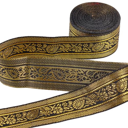 GORGECRAFT 7m Jacquard-Tirolerband Ethnischer Stil 33mm Goldglitzernder Metallbesatz Floral Gewebt Schwarze Verzierung Für DIY-Nähzubehör Geschenkverpackung Handgefertigte Taschenherstellung von GORGECRAFT