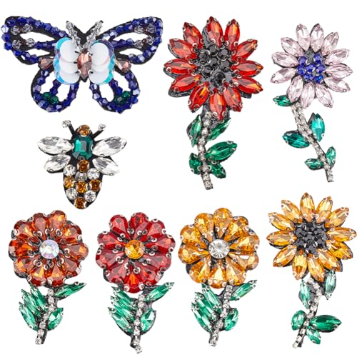 GORGECRAFT 8 Stil Strass-Blumenaufnäher Kristall Sonnenblume Gänseblümchen Aufnäher Zum Aufnähen Rautenperlen Frühlingsschmetterling Bestickte Stoffapplikation Für Kleidung Hut Jeans Reparatur Dekor von GORGECRAFT