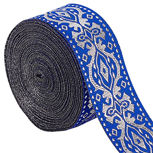 GORGECRAFT Ethnisches Jacquard-Band 33 mm Breit Doppelseitig Blau Blumenstickerei Polyester Gewebt Silberborte Fransenband Für Heimwerker Nähen Basteln Kleidung Vorhänge Dekoration Zubehör von GORGECRAFT