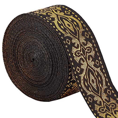 GORGECRAFT Ethnisches Jacquard-Band 33 mm Breit Doppelseitig Gold Blumenstickerei Polyester Gewebt Schwarzes Fransenband Für Heimwerker Nähen Basteln Kleidung Vorhänge Dekoration Zubehör von GORGECRAFT