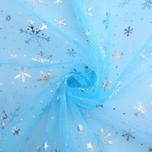 GORGECRAFT Glänzender Durchsichtiger Stoff Mit Weihnachtsschneeflocke 673cm Breit Himmelblau Silberfolie Organza NetzStoff Seidiger Tüll Tischdecke Netzgaze Für Geburtstag Hochzeit Party von GORGECRAFT