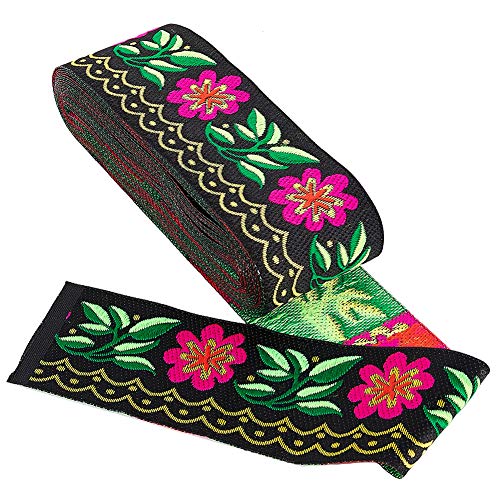 GORGECRAFT Jacquardband mit Blumenmuster, 7 m lang, gewebter Rand, 5,1 cm breit, 1 Bündel (schwarz) von GORGECRAFT