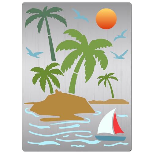 GORGECRAFT Kokosnussbaum-Schablone Aus Metall Sommer Strand Segelboot Sonne Gänse Palmen Malschablonen Edelstahl-Vorlage Zum Malen Auf Holz Wänden Stoff Leinwand Heimdekoration DIY-Basteln 19x14cm von GORGECRAFT