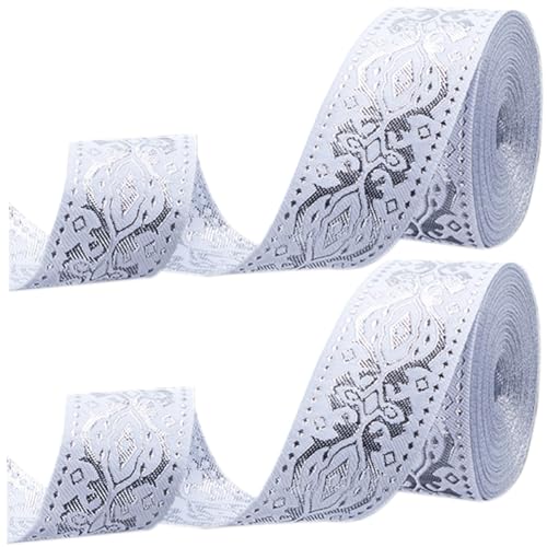 GORGECRAFT Ripsband Aus Jacquard 14m X 3.3cm Metallisch-Silberfarben Ethnisch Bestickt Gewebte Satinrolle Boho-Stoff Blumenmuster Nähband Wickelband Besatz Für Heimwerker Heimvorhang-Dekoration von GORGECRAFT