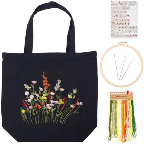 GORGECRAFT Stickset Für Tragetasche Aus Segeltuch Schwarze Tasche Blumen Und Grasmuster Kreuzstichset Für Anfänger DIY Kunsthandwerk Praktisches Nähset Starterzubehör Mit Bedruckten Nadeln Rahmen von GORGECRAFT